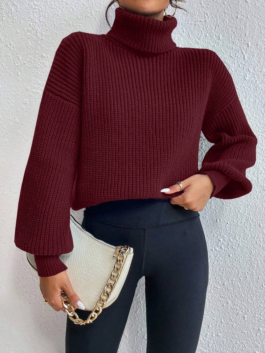 Wilhelmina Rib Knit Turtleneck Drop Shoulder Pullover Sweater - White