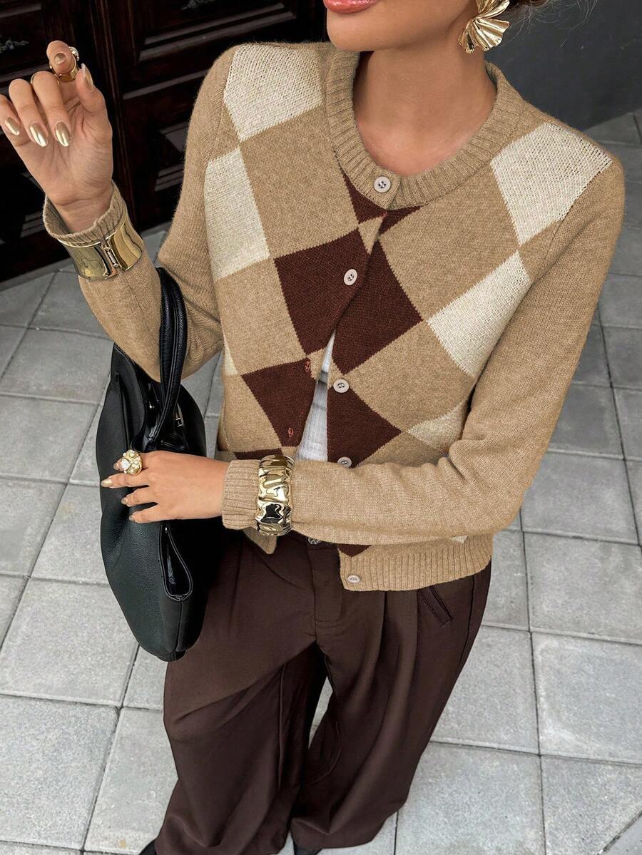 Liliane Plaid Knit Crew Neck Button Front Cardigan - Multicolor