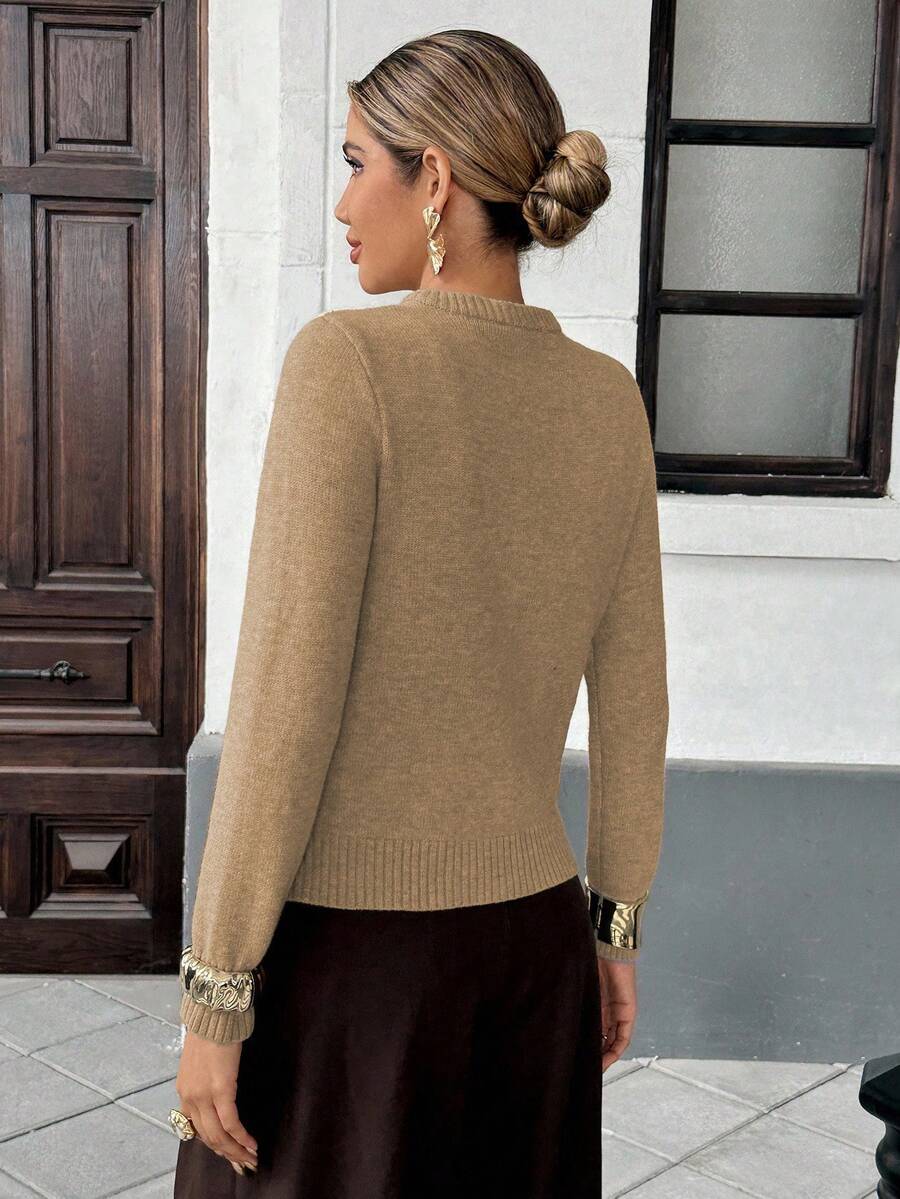 Liliane Plaid Knit Crew Neck Button Front Cardigan - Multicolor