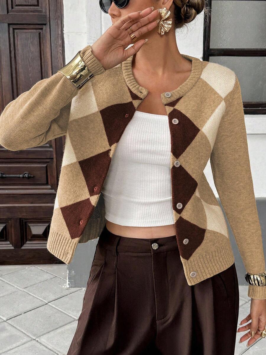 Liliane Plaid Knit Crew Neck Button Front Cardigan - Multicolor