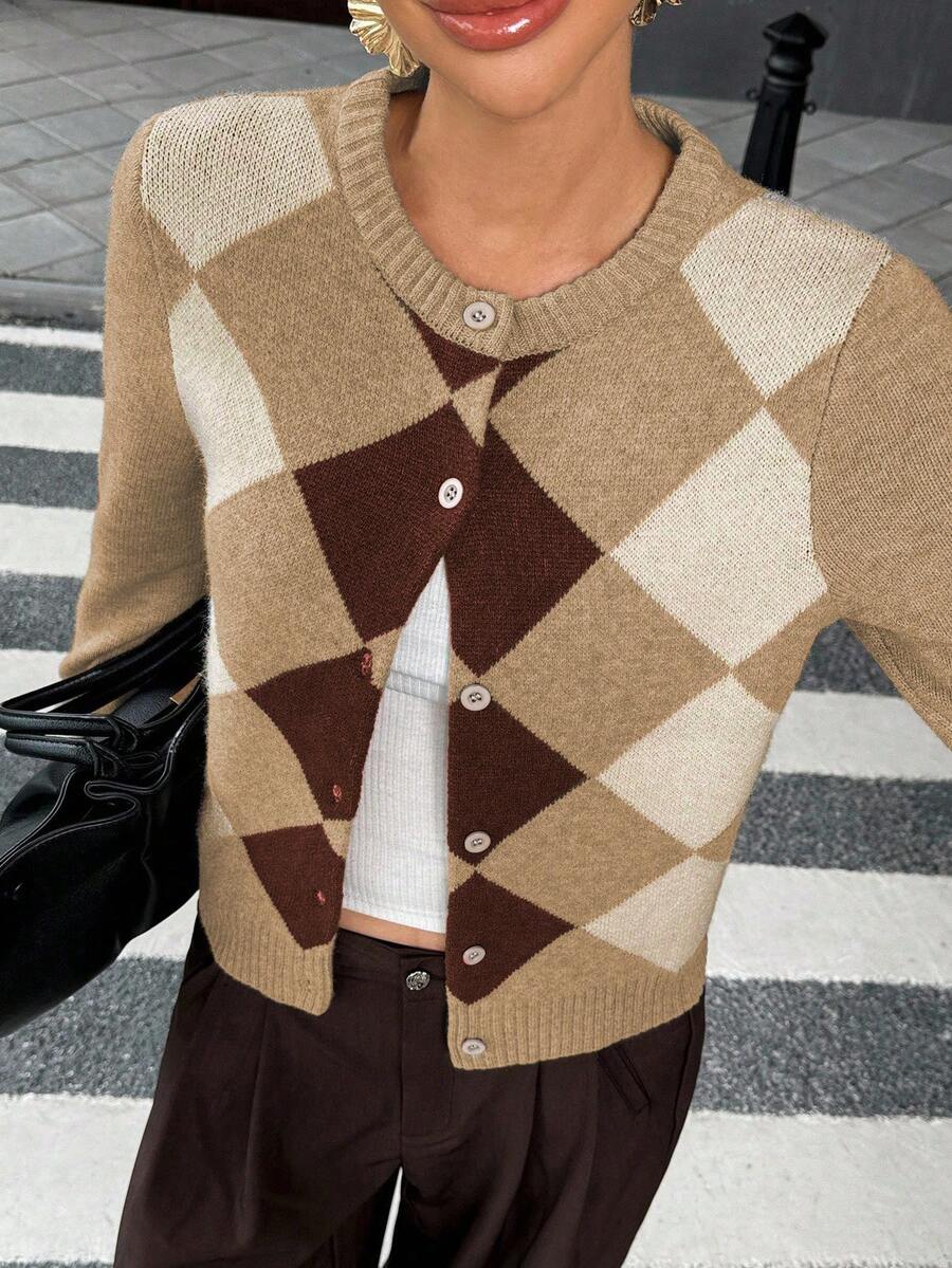 Liliane Plaid Knit Crew Neck Button Front Cardigan - Multicolor