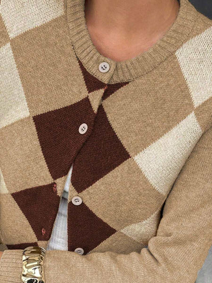 Liliane Plaid Knit Crew Neck Button Front Cardigan - Multicolor