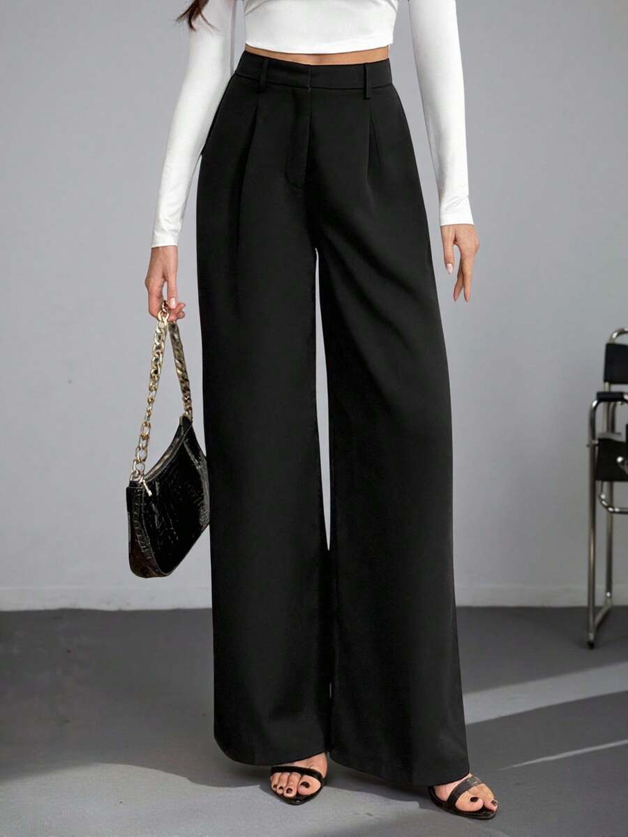 Isla High Waisted Wide Leg Pants with Pleated Front - Black