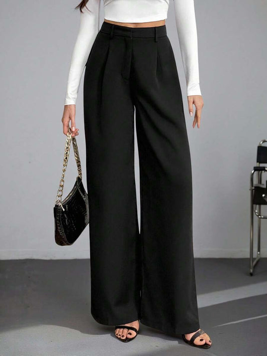 Isla High Waisted Wide Leg Pants with Pleated Front - Black