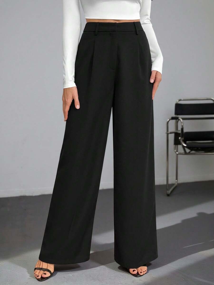 Isla High Waisted Wide Leg Pants with Pleated Front - Black