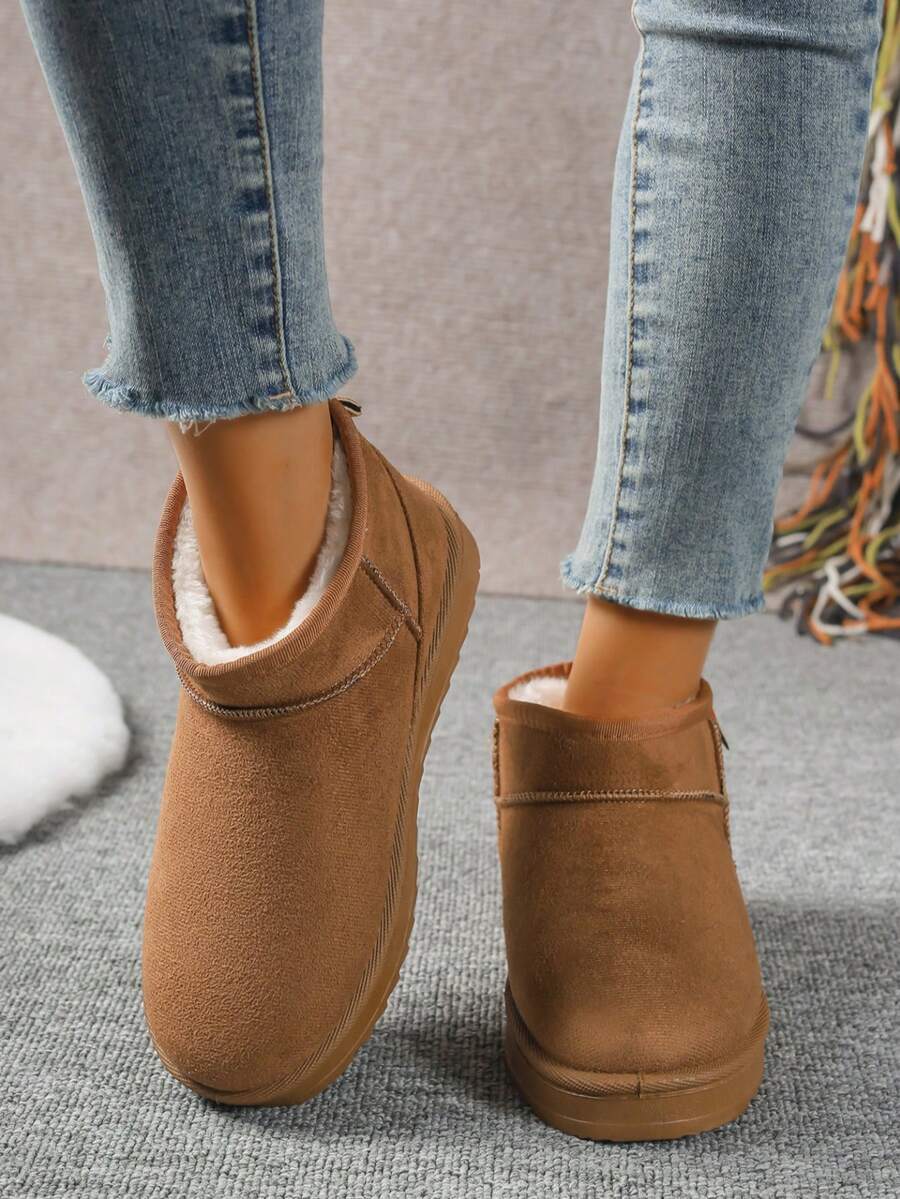 Solid Color Snow Boots For Women, Plush Lining Chelsea One-Piece Short Tube Slip-On Fashion Winter Winter Shoes Ankle Boots Mensa