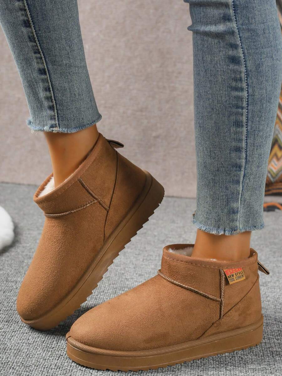 Solid Color Snow Boots For Women, Plush Lining Chelsea One-Piece Short Tube Slip-On Fashion Winter Winter Shoes Ankle Boots Mensa