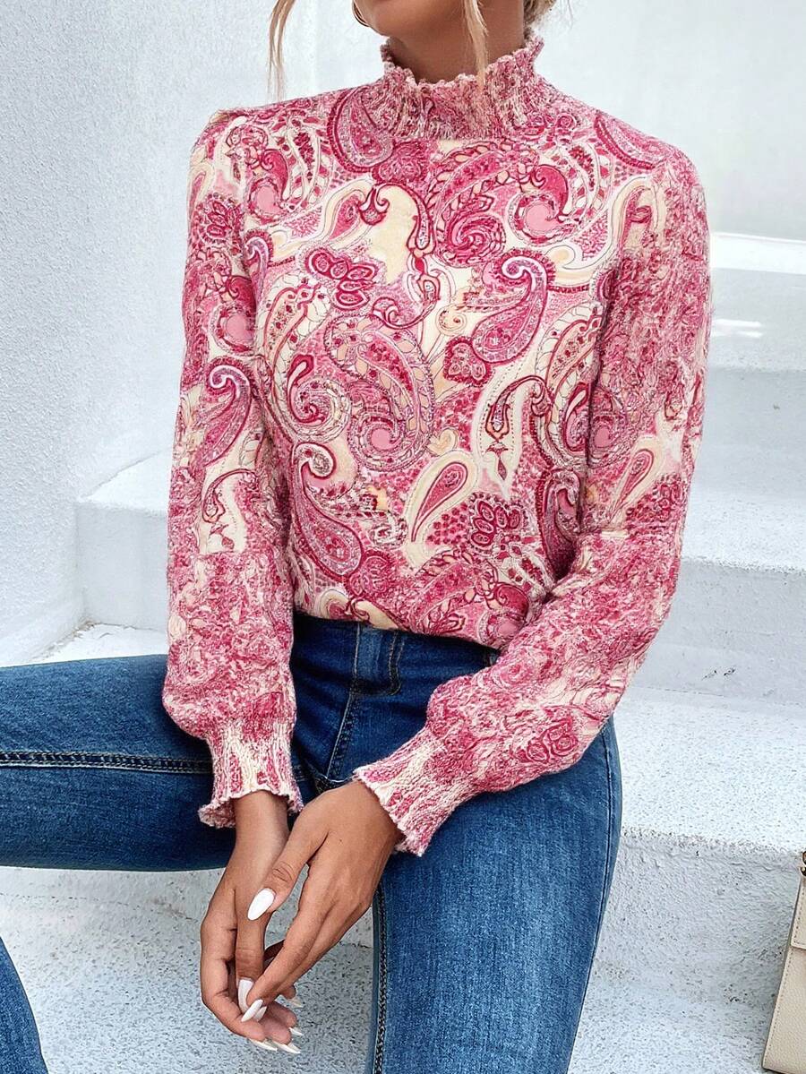 Trieste Paisley Print Frill Trim Mock Neck Blouse