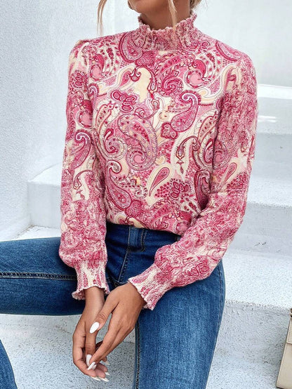 Trieste Paisley Print Frill Trim Mock Neck Blouse
