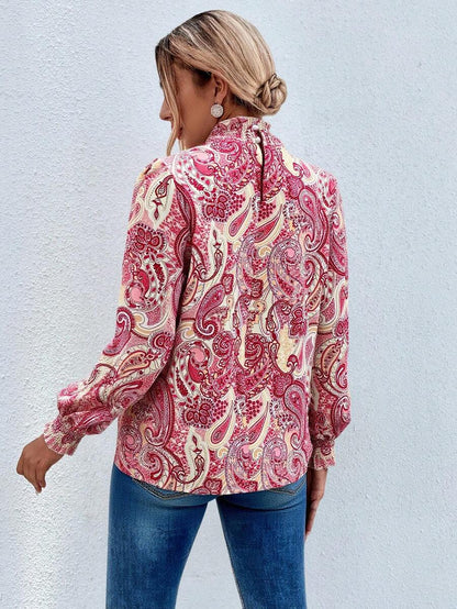 Trieste Paisley Print Frill Trim Mock Neck Blouse