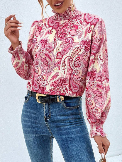 Trieste Paisley Print Frill Trim Mock Neck Blouse