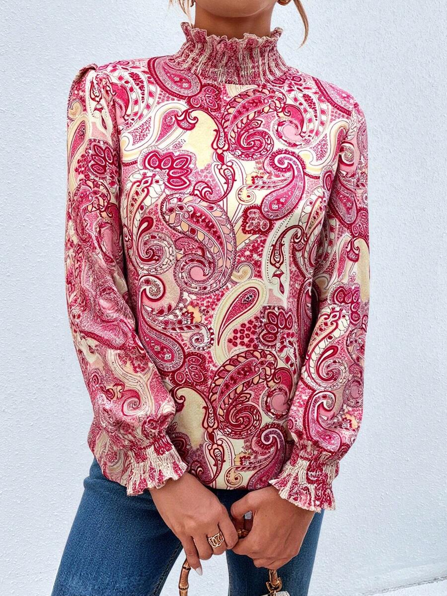 Trieste Paisley Print Frill Trim Mock Neck Blouse