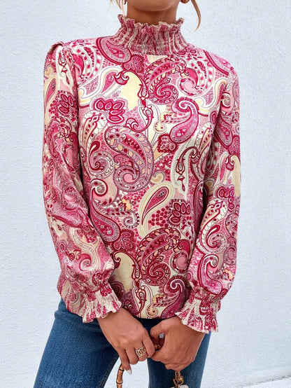 Trieste Paisley Print Frill Trim Mock Neck Blouse