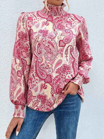 Trieste Paisley Print Frill Trim Mock Neck Blouse