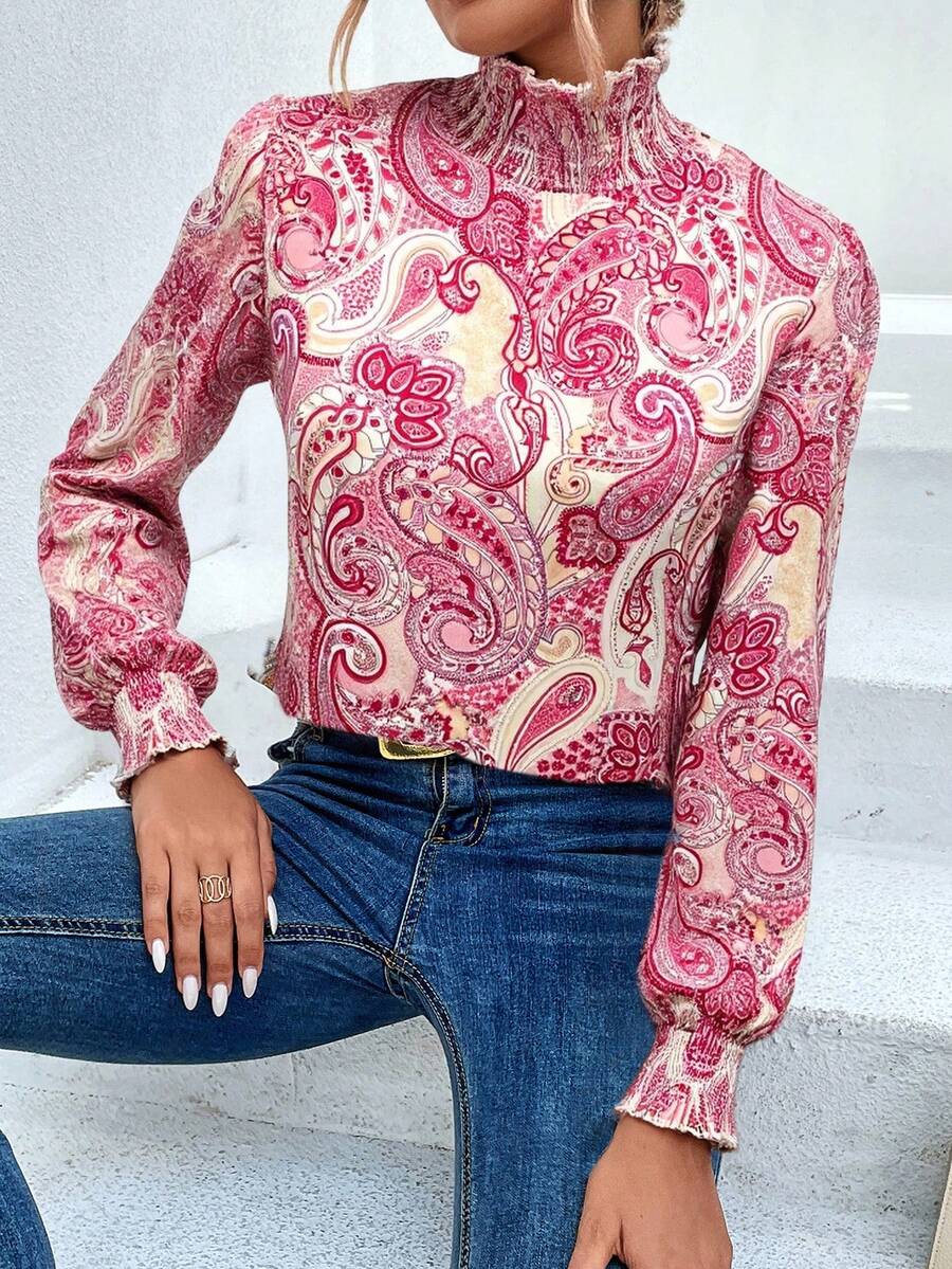 Trieste Paisley Print Frill Trim Mock Neck Blouse