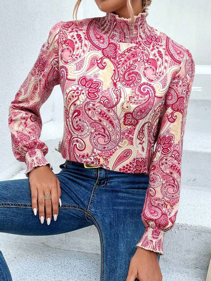 Trieste Paisley Print Frill Trim Mock Neck Blouse