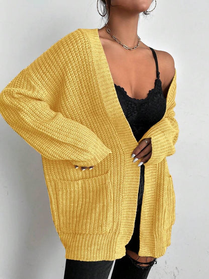 Ines Dual Pocket Ribbed Knit Cardigan - Yellow