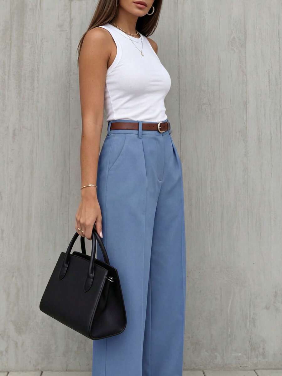 Simone High-Waist Pleated Wide-Leg Trousers with Pockets - Baby Blue