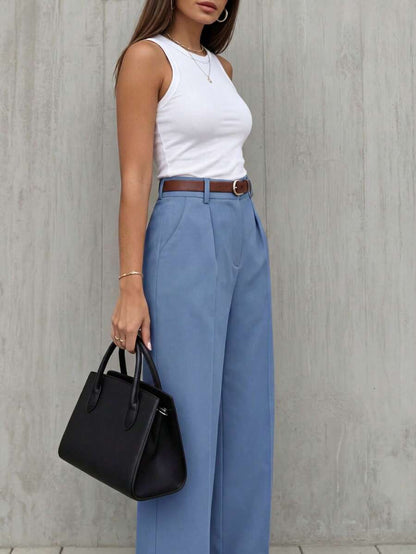 Simone High-Waist Pleated Wide-Leg Trousers with Pockets - Baby Blue