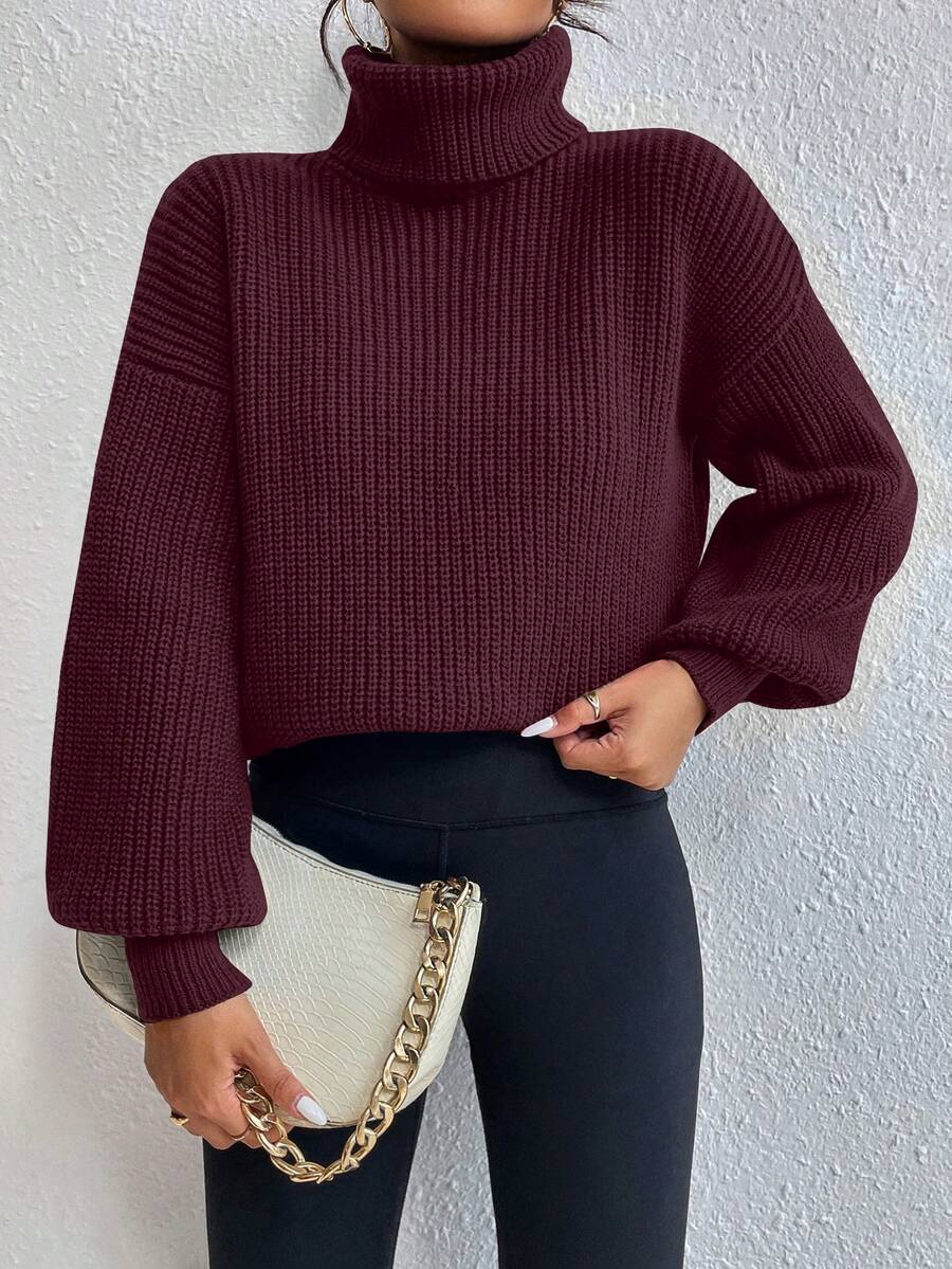 Wilhelmina Rib Knit Turtleneck Drop Shoulder Pullover Sweater - Grey