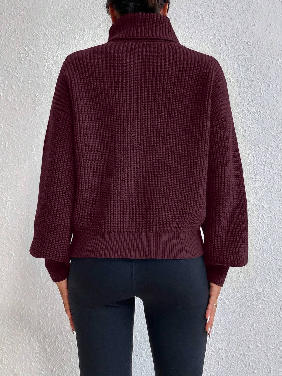 Wilhelmina Rib Knit Turtleneck Drop Shoulder Pullover Sweater - Burgundy