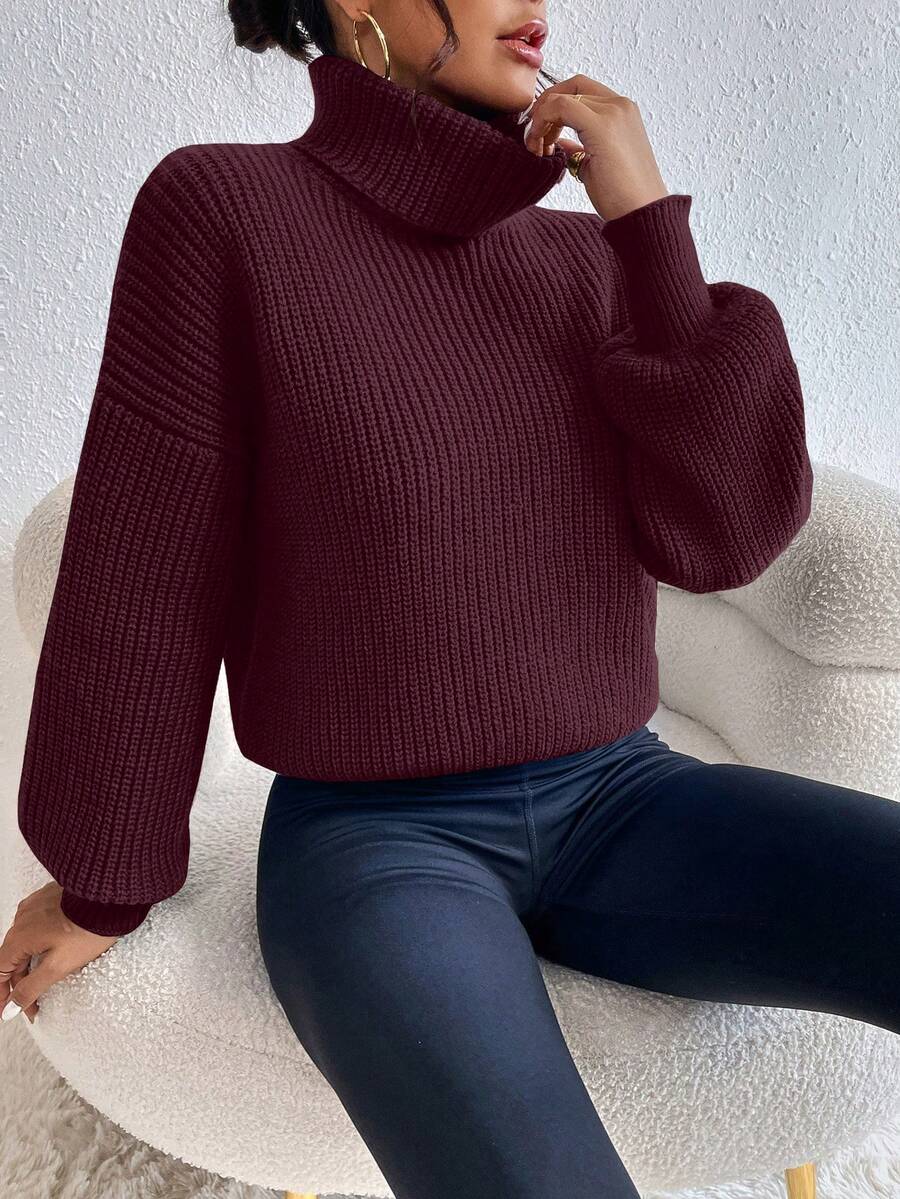 Wilhelmina Rib Knit Turtleneck Drop Shoulder Pullover Sweater - Beige