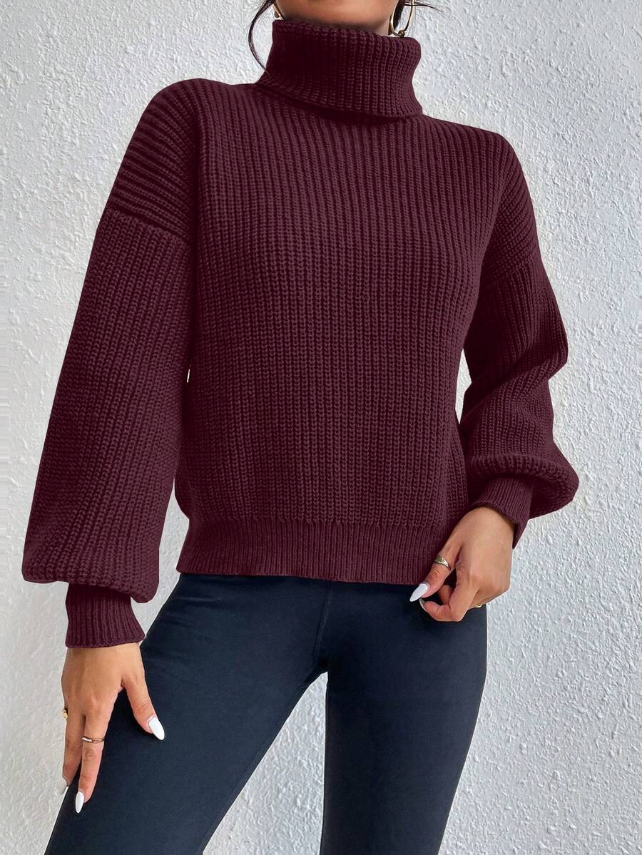 Wilhelmina Rib Knit Turtleneck Drop Shoulder Pullover Sweater - Royal Blue