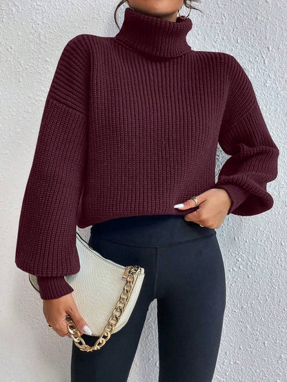 Wilhelmina Rib Knit Turtleneck Drop Shoulder Pullover Sweater - Light Grey