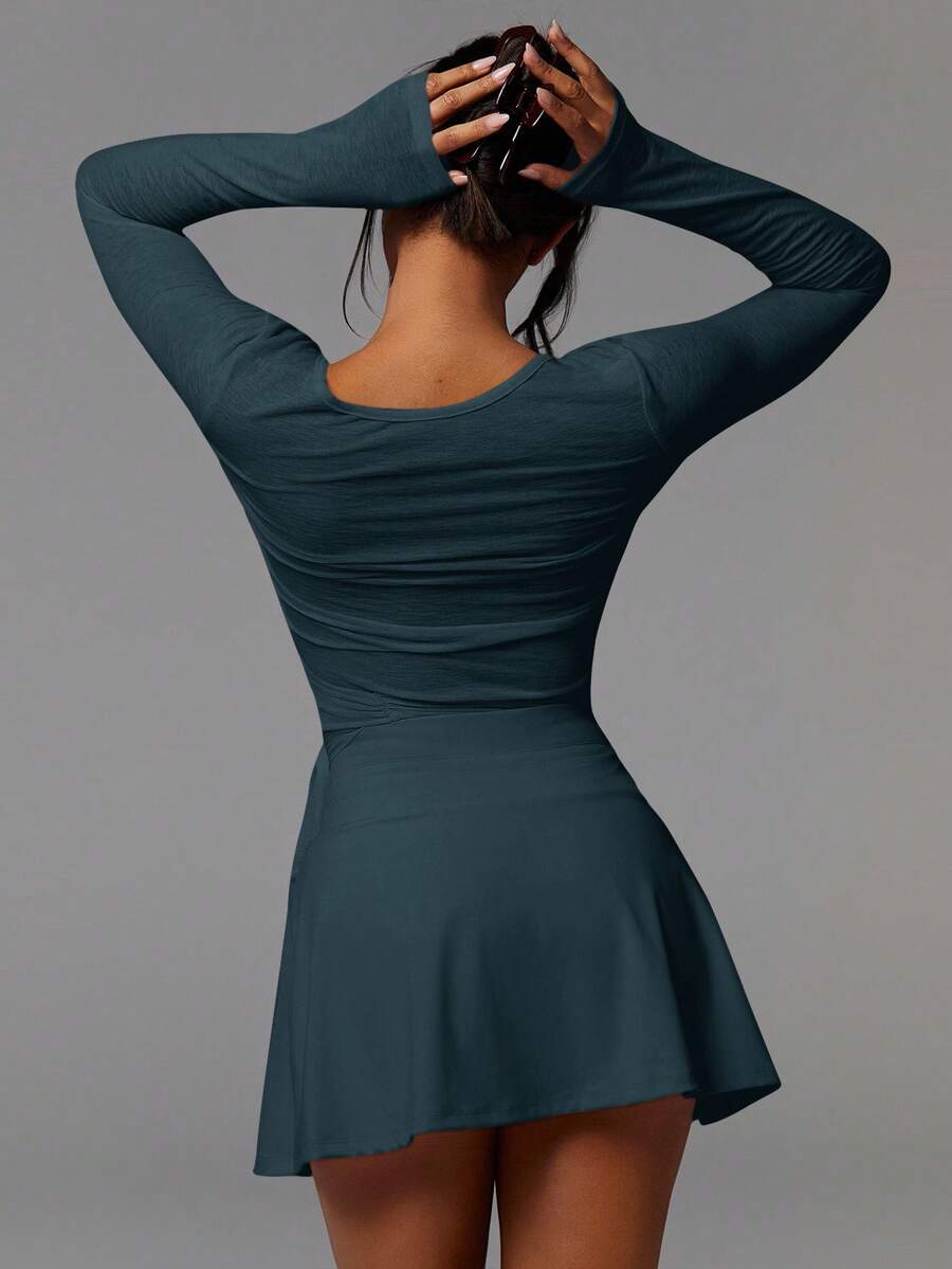 Lisette Ribbed Wrap Tie Deep V-Neck Long Sleeve Crop Top - Deep Teal