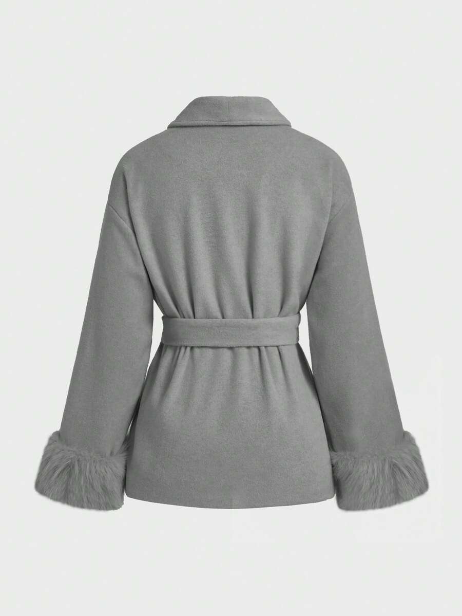 Flavia Belted Wrap Coat with Faux Fur Cuffs and Shawl Collar - Grey