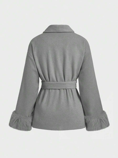 Flavia Belted Wrap Coat with Faux Fur Cuffs and Shawl Collar - Grey