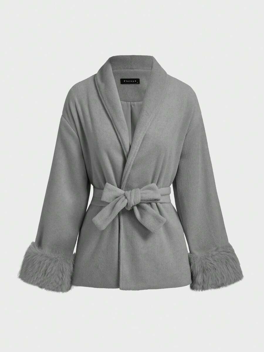 Flavia Belted Wrap Coat with Faux Fur Cuffs and Shawl Collar - Grey