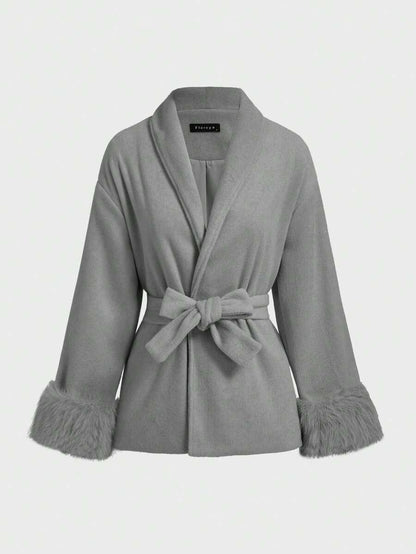 Flavia Belted Wrap Coat with Faux Fur Cuffs and Shawl Collar - Grey
