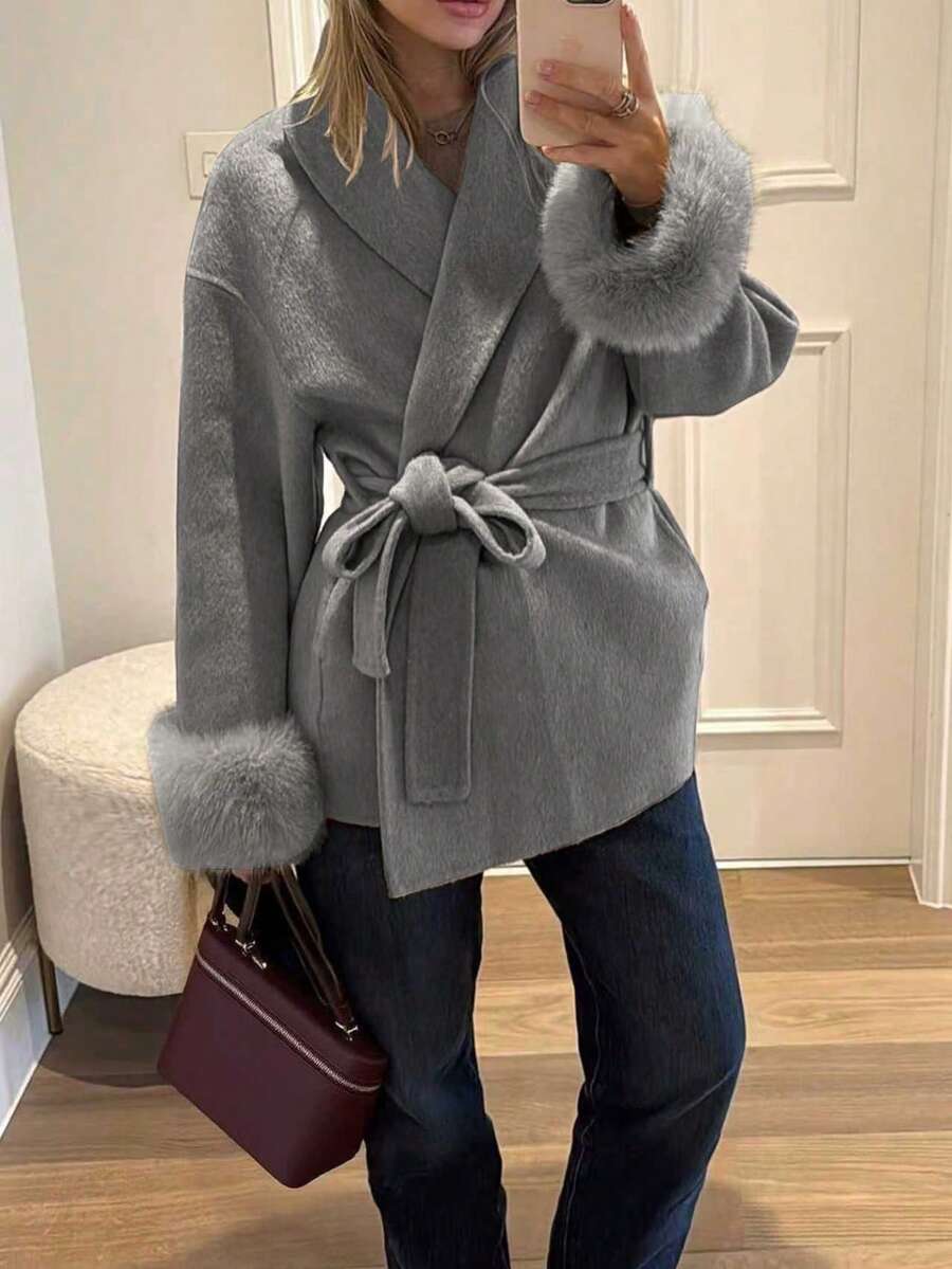 Flavia Belted Wrap Coat with Faux Fur Cuffs and Shawl Collar - Grey