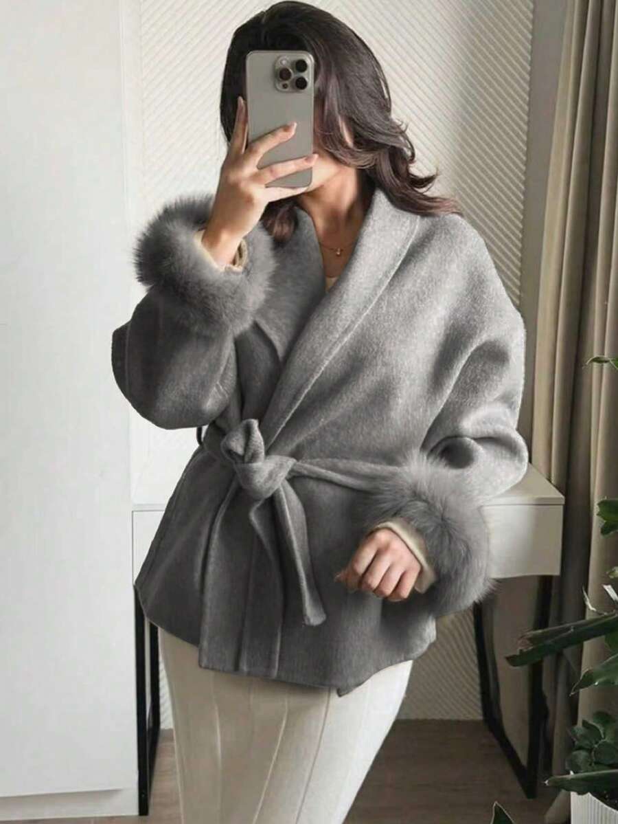 Flavia Belted Wrap Coat with Faux Fur Cuffs and Shawl Collar - Grey