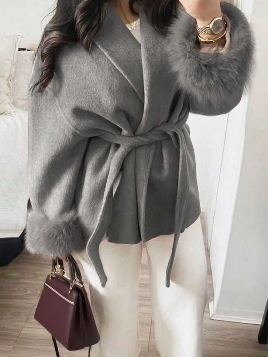 Flavia Belted Wrap Coat with Faux Fur Cuffs and Shawl Collar - Grey
