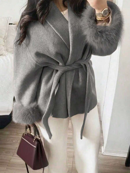 Flavia Belted Wrap Coat with Faux Fur Cuffs and Shawl Collar - Grey