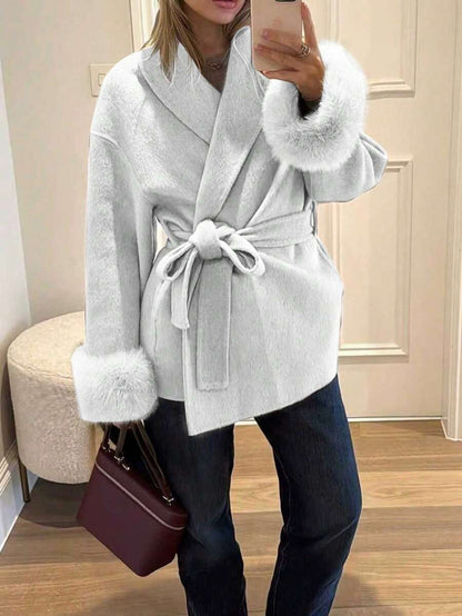 Flavia Belted Wrap Coat with Faux Fur Cuffs and Shawl Collar - Ivory