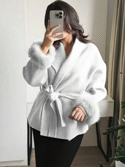 Flavia Belted Wrap Coat with Faux Fur Cuffs and Shawl Collar - Ivory