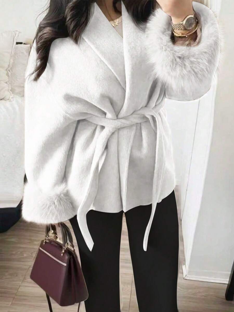 Flavia Belted Wrap Coat with Faux Fur Cuffs and Shawl Collar - Ivory