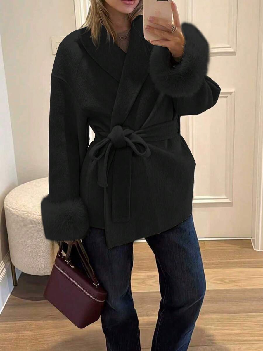 Flavia Belted Wrap Coat with Faux Fur Cuffs and Shawl Collar - Black