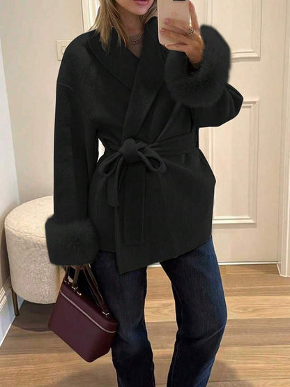 Flavia Belted Wrap Coat with Faux Fur Cuffs and Shawl Collar - Black