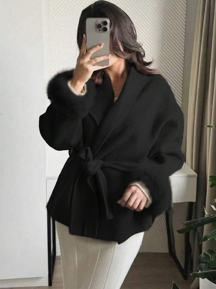Flavia Belted Wrap Coat with Faux Fur Cuffs and Shawl Collar - Black