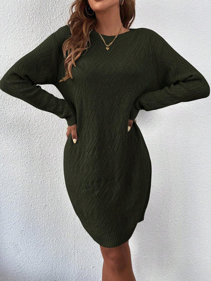 Women's Drop Shoulder Knit Sweater Dress, Relaxed Long Sleeve Dress for Fall Winter - Red