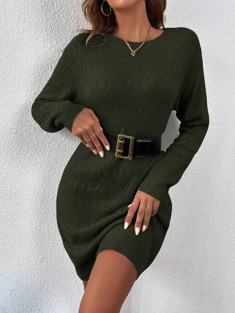Women's Drop Shoulder Knit Sweater Dress, Relaxed Long Sleeve Dress for Fall Winter - Yellow