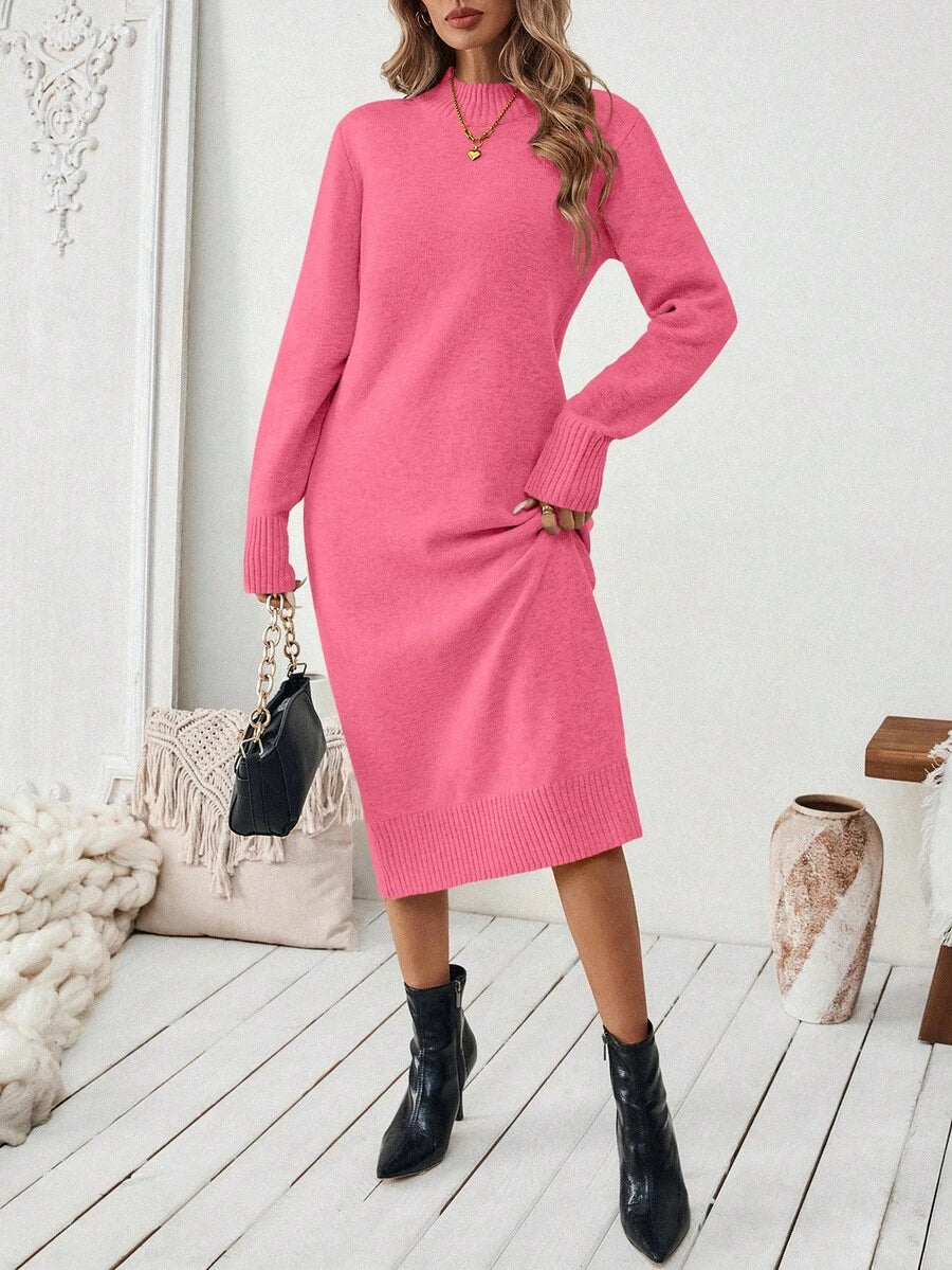 Budapest Mock Neck Raglan Sleeve Knit Midi Sweater Dress - Hot Pink