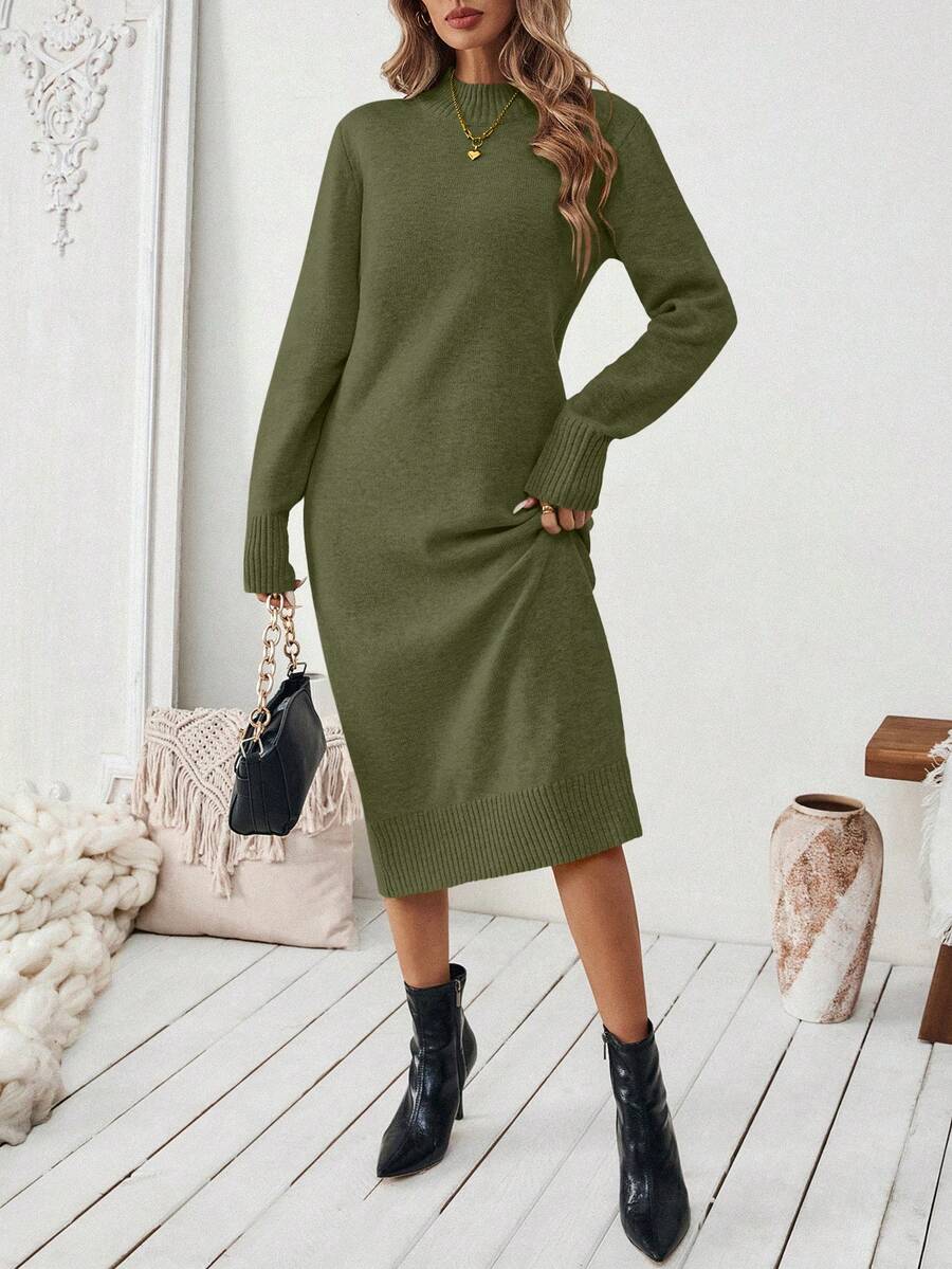 Budapest Mock Neck Raglan Sleeve Knit Midi Sweater Dress - Olive Green