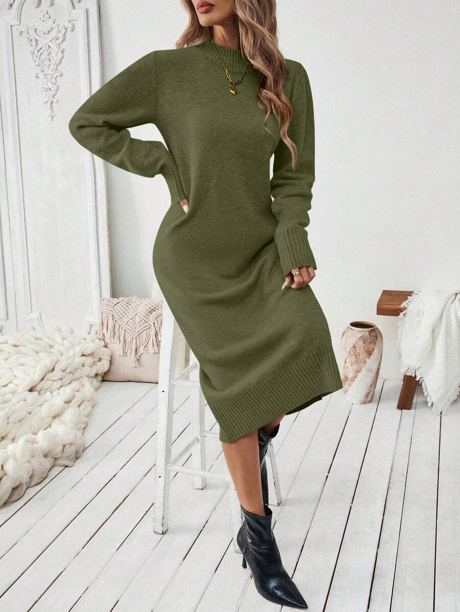 Budapest Mock Neck Raglan Sleeve Knit Midi Sweater Dress