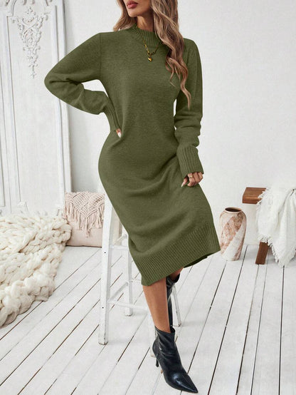 Budapest Mock Neck Raglan Sleeve Knit Midi Sweater Dress