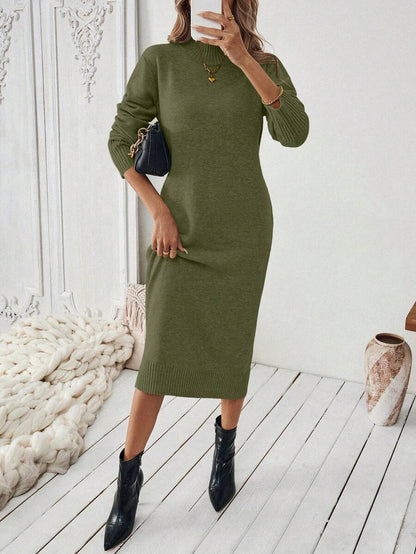 Budapest Mock Neck Raglan Sleeve Knit Midi Sweater Dress